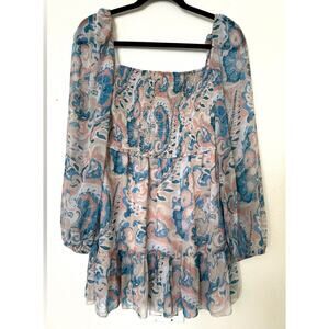 Wilfred Aritzia Smocked Square Neck Paisley Babydoll Blouse Long Sleeve Size S